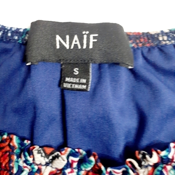 Naif Woman's Chevron Print Flounce Sleeves Smocked Neck Shift Tunic Dress Size S - Picture 6 of 16